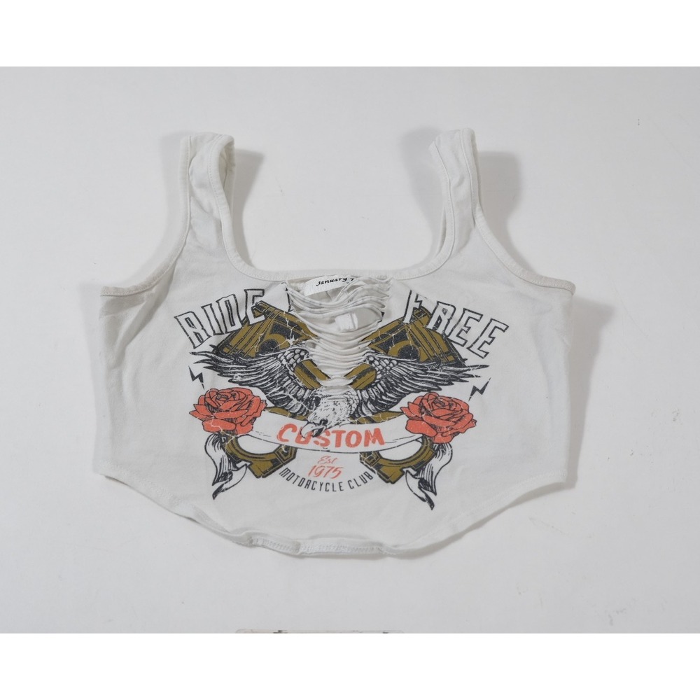 January 7 Crop Top Juniors Medium White Ride Free Eagle Biker Shredded Graphic